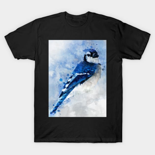 Dramabite Watercolor Blue Jay Bird T-Shirt by dramabite